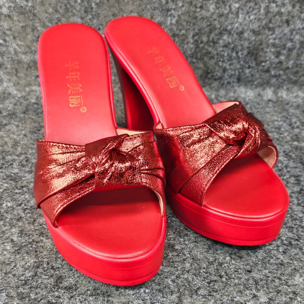 Women's Fish Mouth High Heels Faux Leather Knot, Red, Size 8, RUNS SMALL